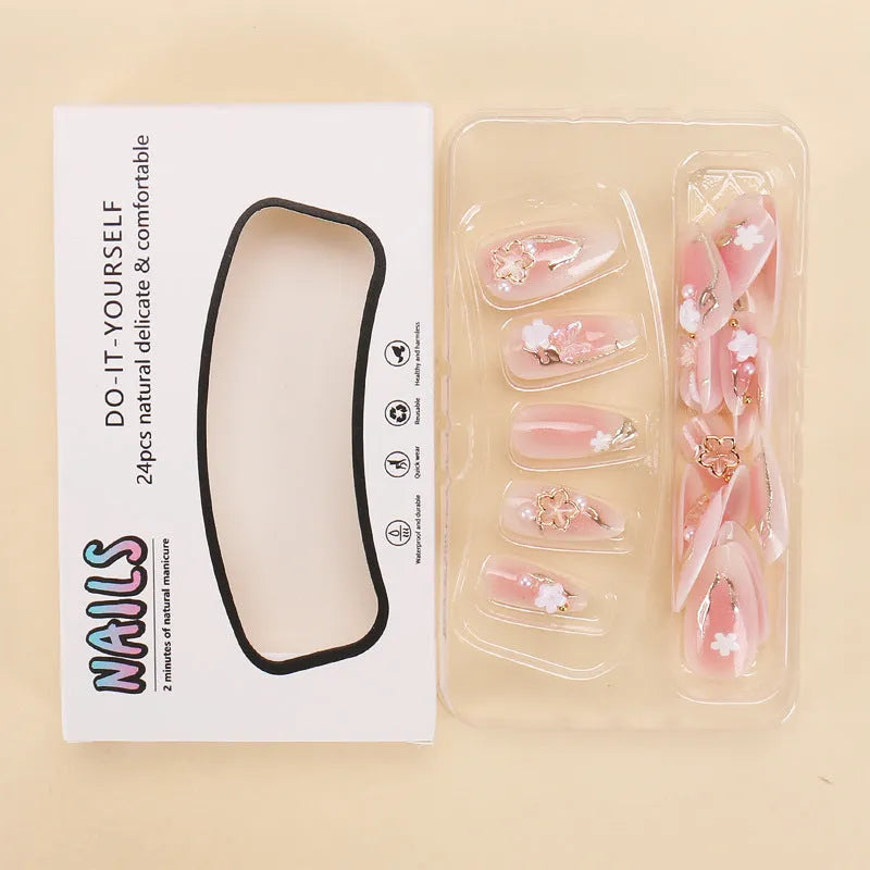 Gold Silk Butterfly colour artificial nails with flower gilding and gradient design