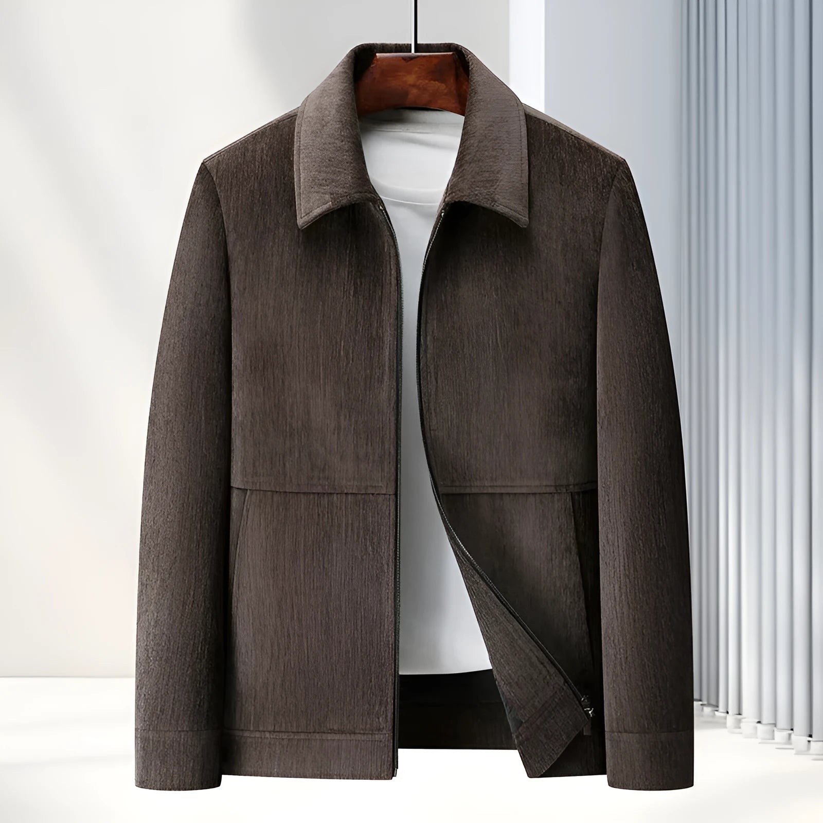 Men's slim fit lapel-collar casual jacket in dark blue, made from Vinylon fabric.