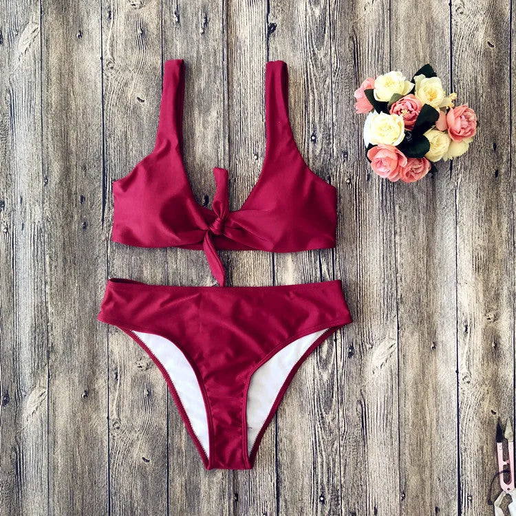 European style women's bikini swimwear set in solid colours with sleeveless design