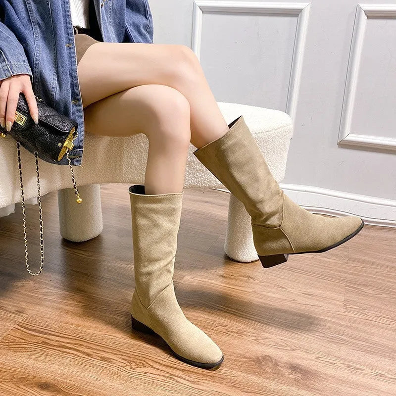 Women's pointed toe retro suede over-the-knee boots with low thick heel in black colour