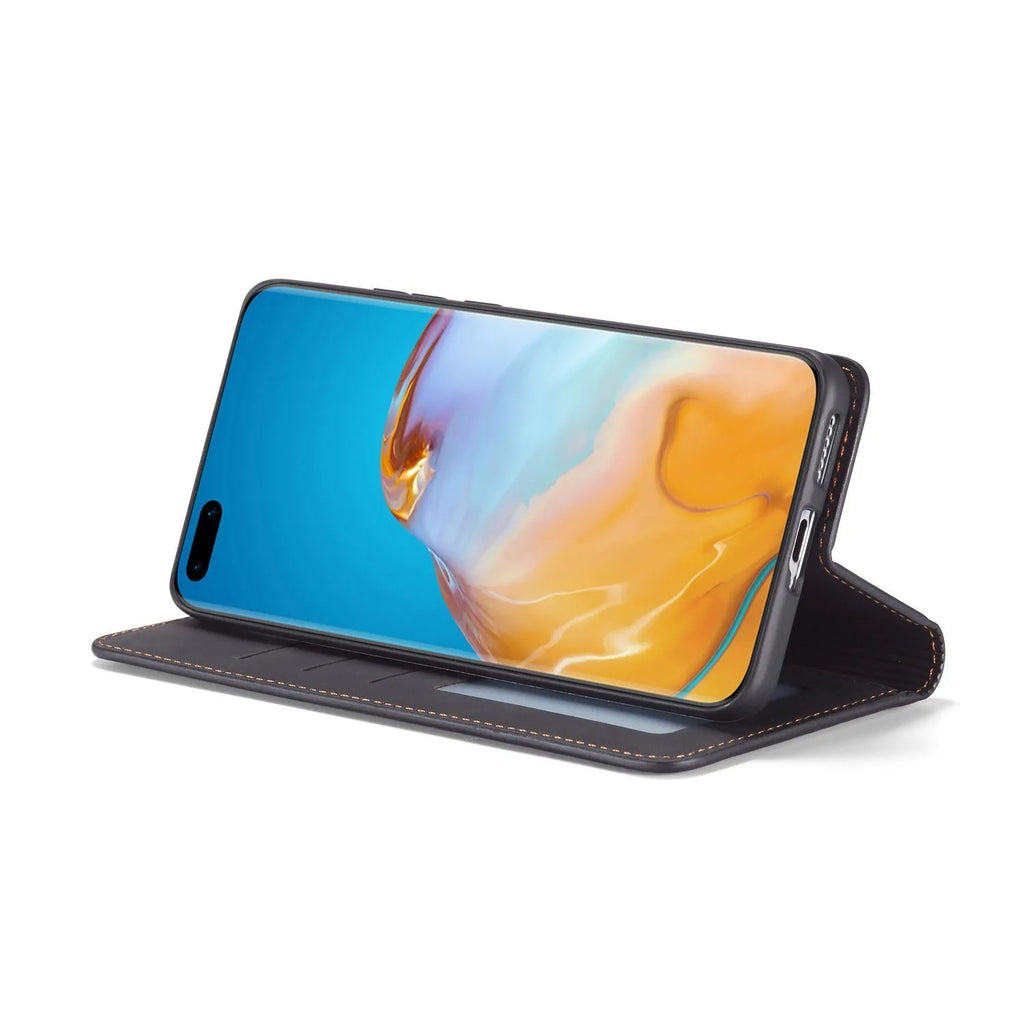 Flip leather phone case for Huawei P40 Pro with card slot, black colour, handmade PU and TPU construction