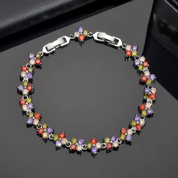 Small flower zircon bracelet in copper with inlaid gem, 0.6cm width, Colourful White Plating finish