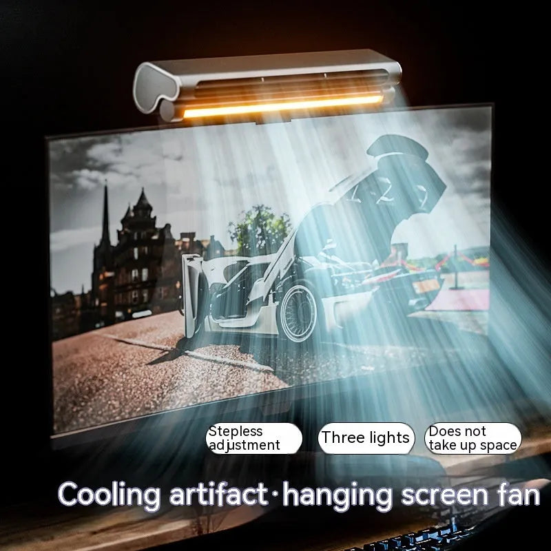 Black USB-powered bladeless fan with integrated lighting lamp clipped to computer screen