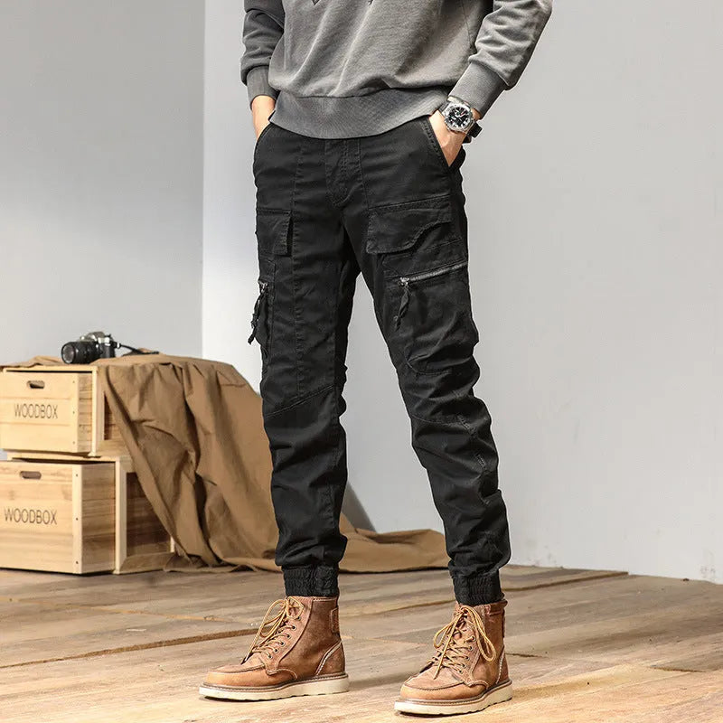 Cotton Japanese style overalls straight leg trousers for men in four colours black khaki army green gray sizes 29-38