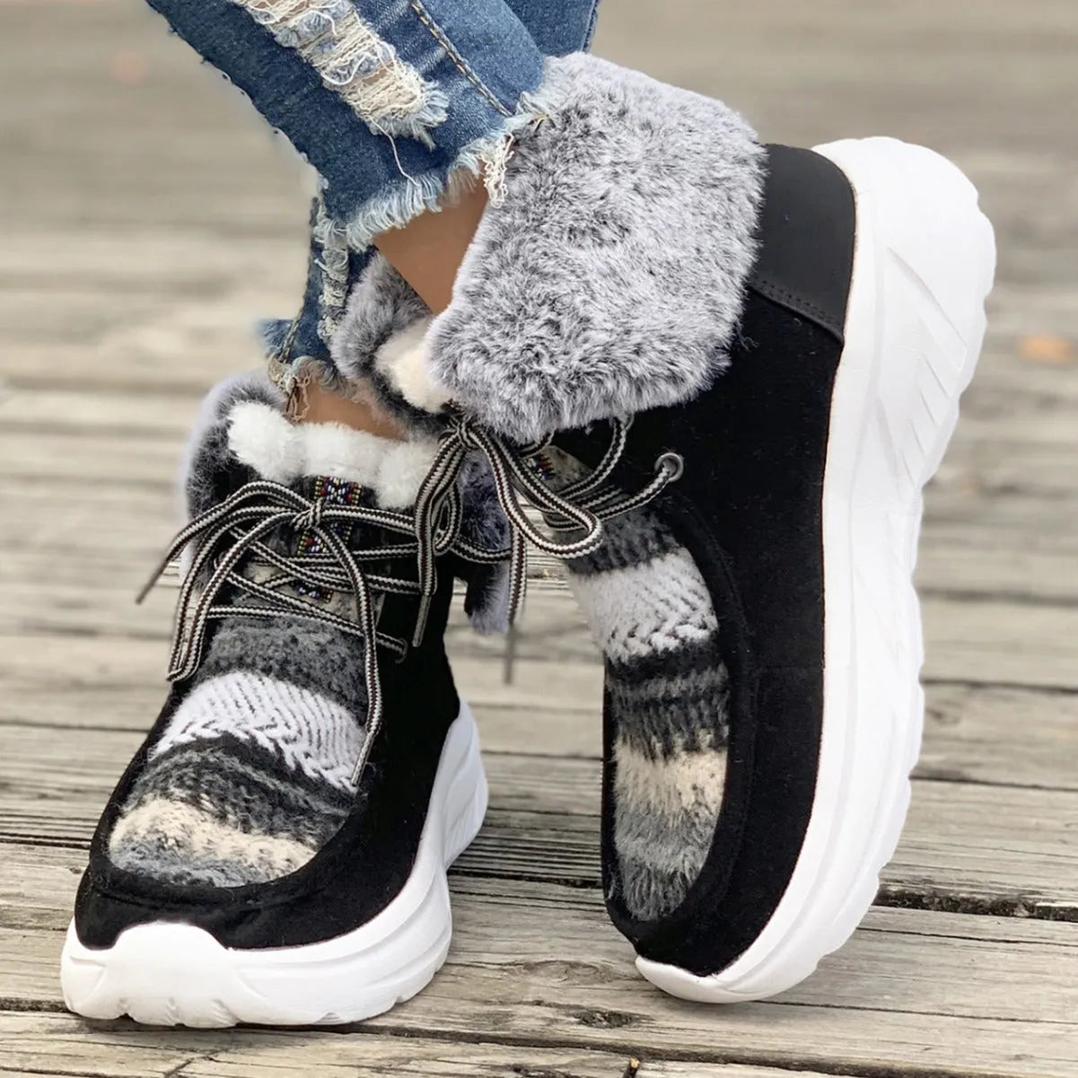 Women's lace-up snow boots with fuzzy lining and non-slip rubber soles in beige, black, and brown colours