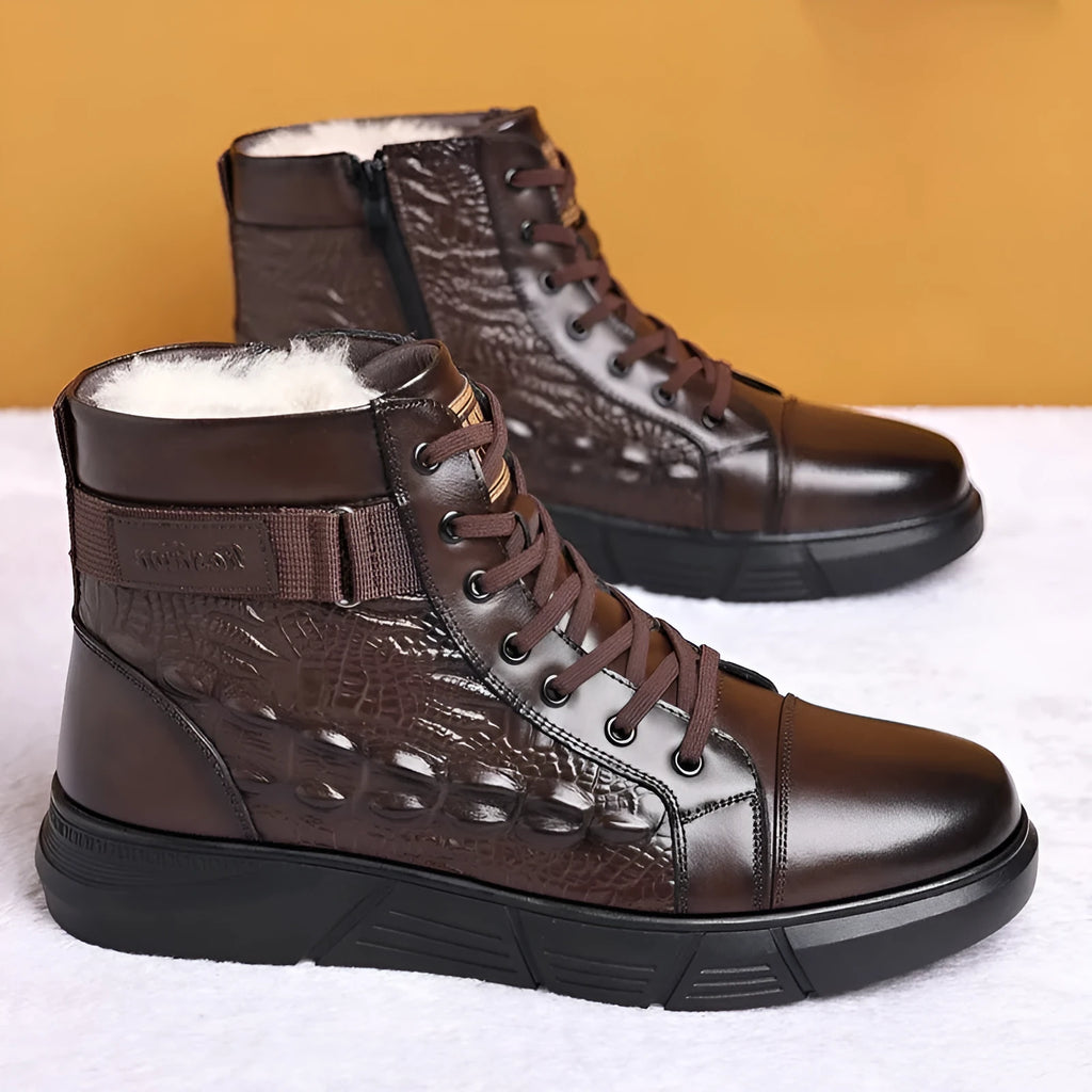Black genuine leather winter boots with fur lining, round toe, lace-up front, and a rubber sole.