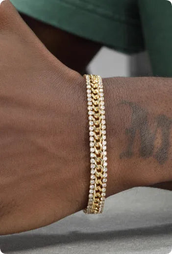 Gold titanium steel hip hop style tennis bracelet with artificial gemstone inlays for men and women.