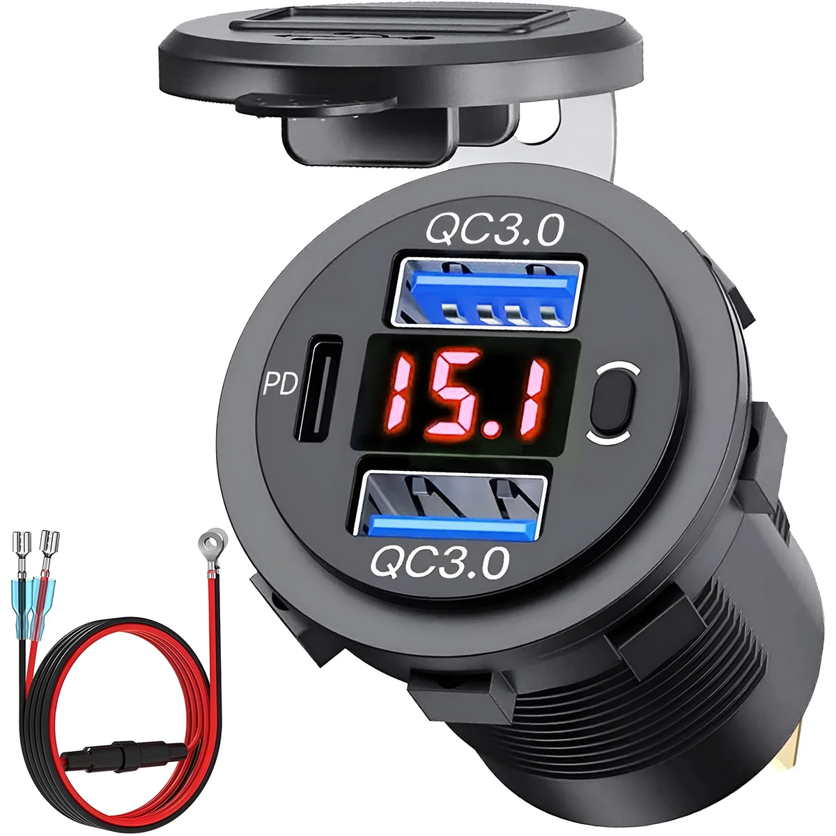 Blue modified dual QC car phone charger PD30 with digital display and attached wire