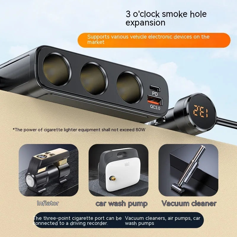 Black multi-port car charger with USB, QC, and PD ports plugged into a vehicle cigarette lighter socket.