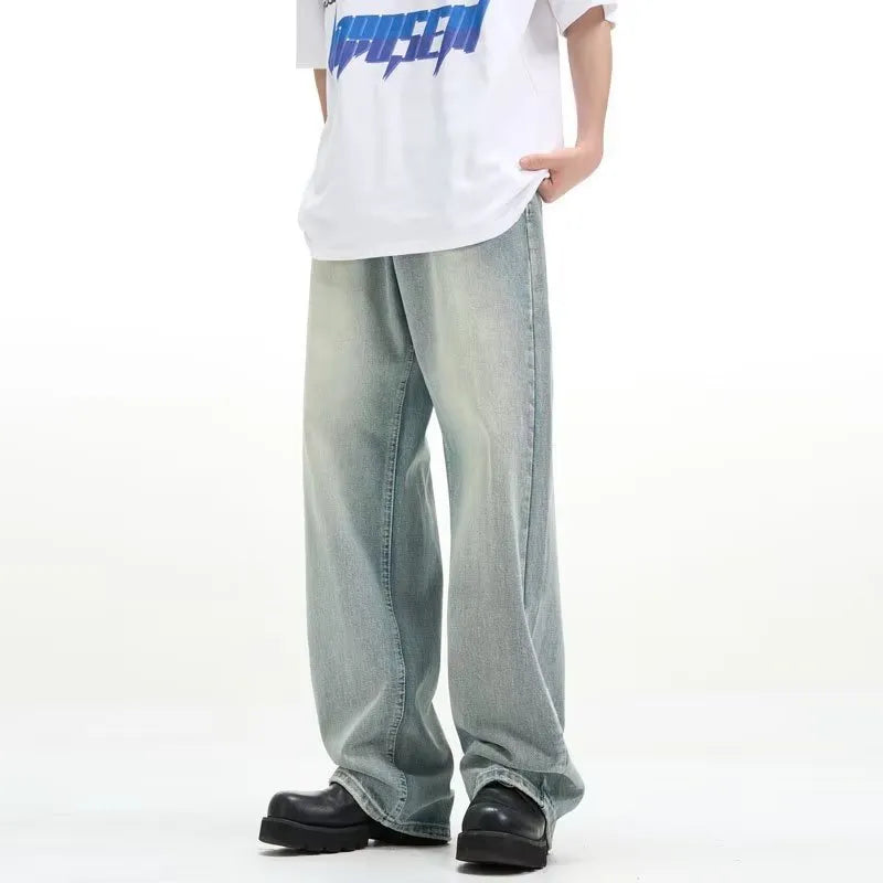 Blue retro casual trousers with elastic waistband and loose fit