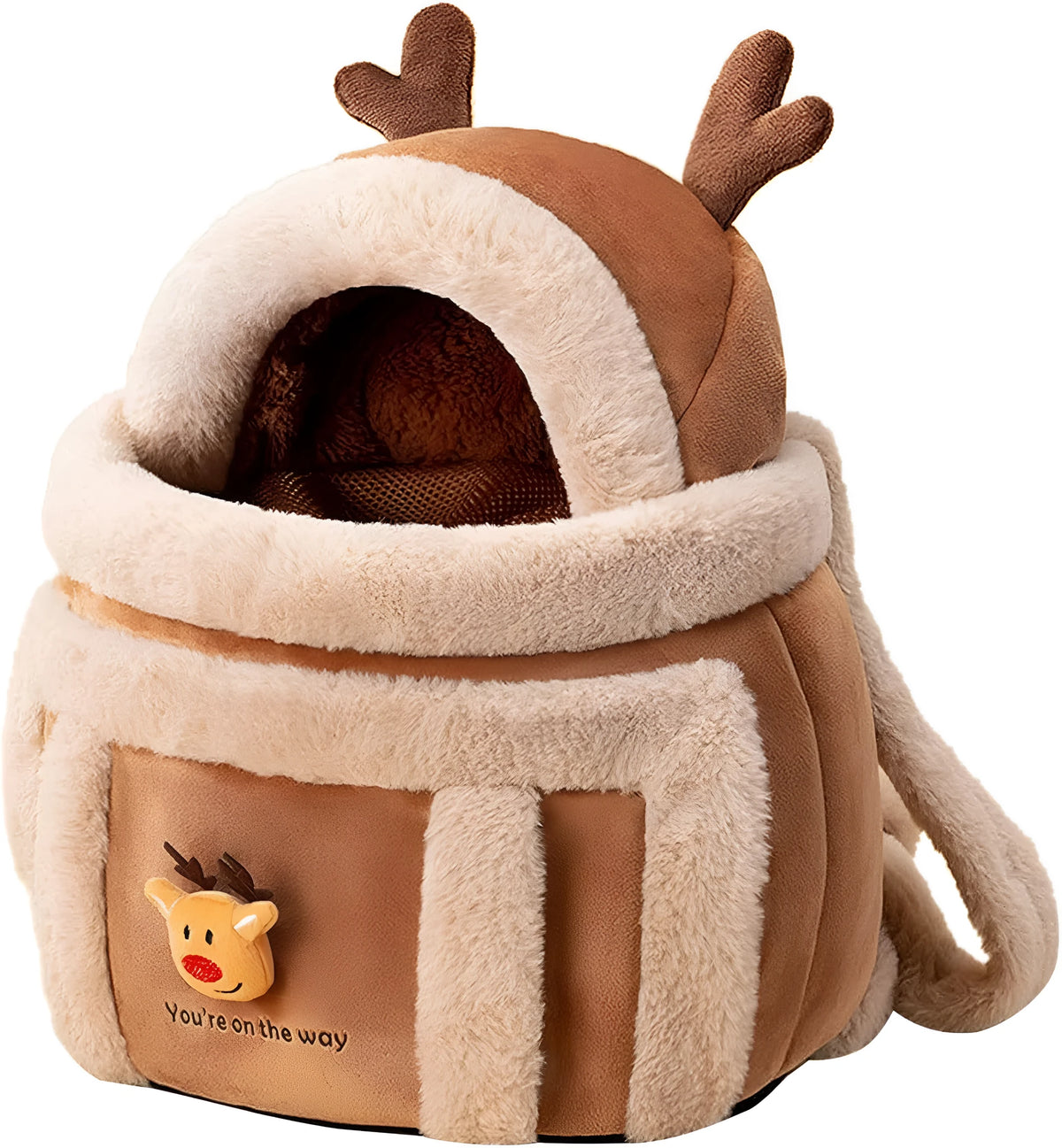 Plush reindeer dog carrier backpack with fleece lining and hand warmers for medium to large dogs