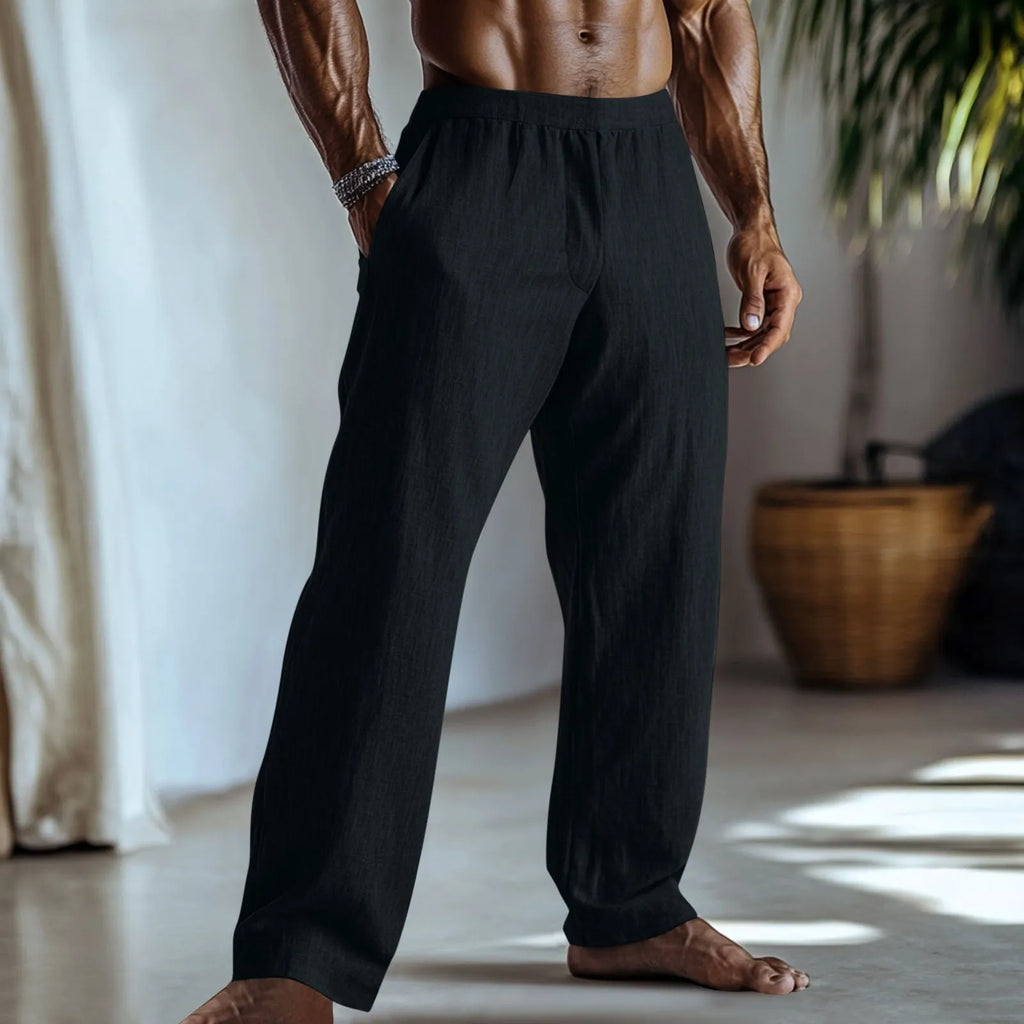 Cotton and linen straight-leg casual trousers in British style with straight leg openings