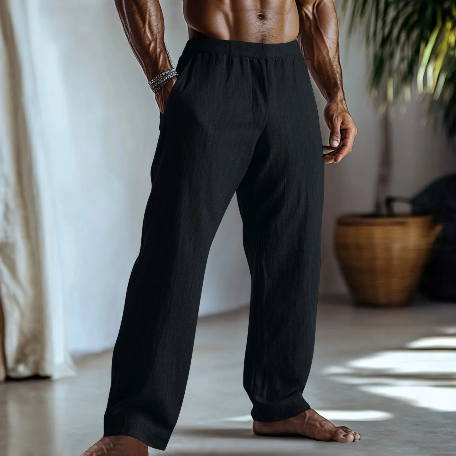 Cotton and linen straight-leg casual trousers in British style with straight leg openings