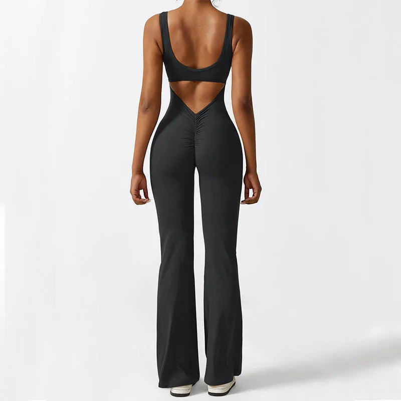 Women's sleeveless flare jumpsuit for yoga fitness in high elasticity polyester fabric