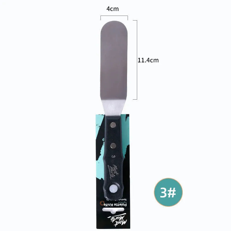 Three stainless steel palette knives for oil and acrylic painting, styles No. 3, No. 10, and No. 12.