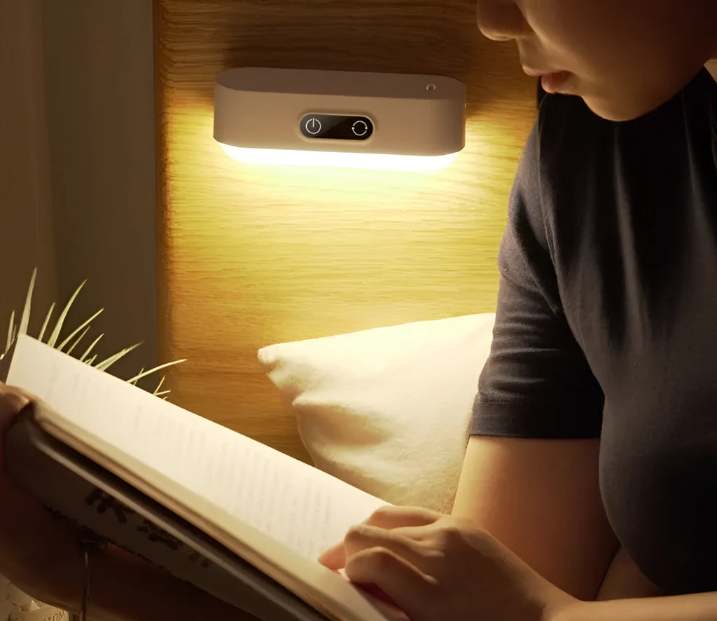 White USB rechargeable magnetic LED study light with touch controls and motion sensor.