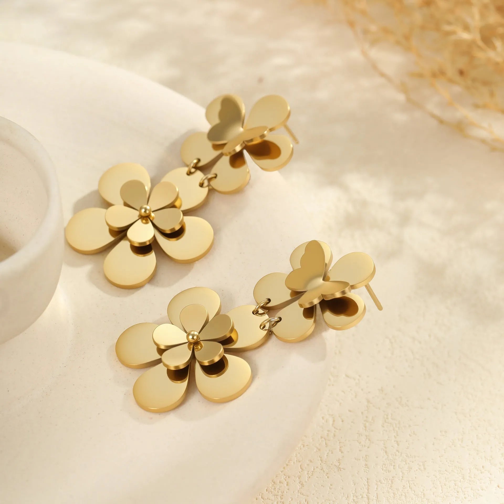 Women's floral butterfly stainless steel earrings with 18K gold electroplated finish