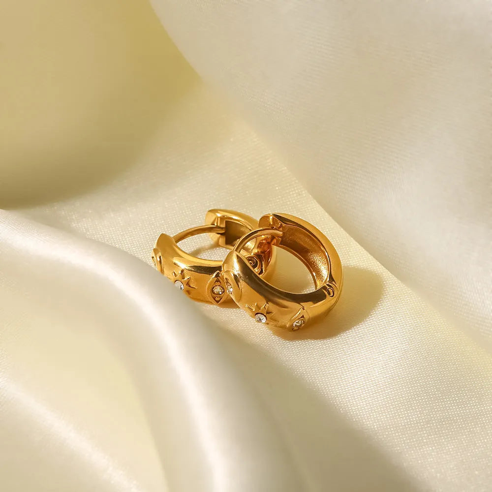 18K gold-plated stainless steel hoop earrings with devil's eye and cubic zirconia diamond inlay, geometric note shape