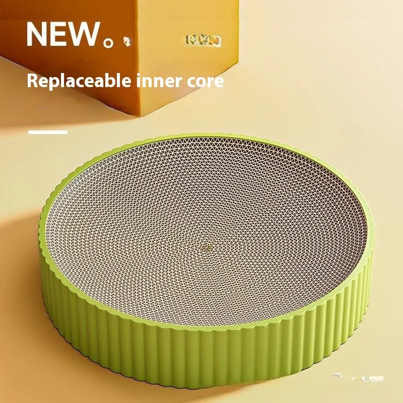 Green round cat scratching nest with corrugated paper surface, 55 cm diameter, shown with two replacement refill packs.