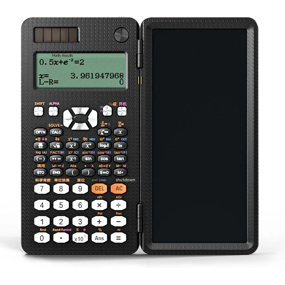 Black foldable 2-in-1 scientific calculator with handwriting tablet on blue LCD screen, ABS body, portable design