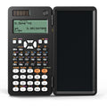 Black foldable 2-in-1 scientific calculator with handwriting tablet on blue LCD screen, ABS body, portable design