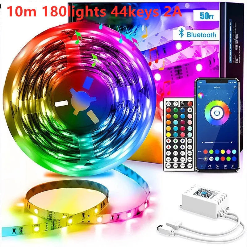 Bluetooth-controlled RGB LED strip light with 44-key remote, IP65 waterproof option, 12V operation
