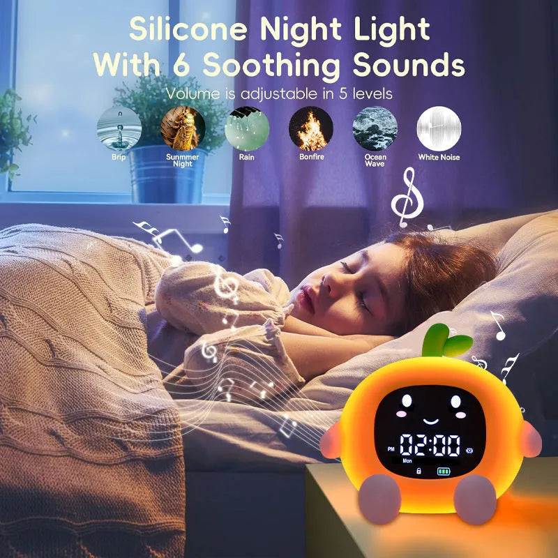 Cartoon lychee alarm clock with white noise feature, silicone shell in litchi colour, and mobile phone holder