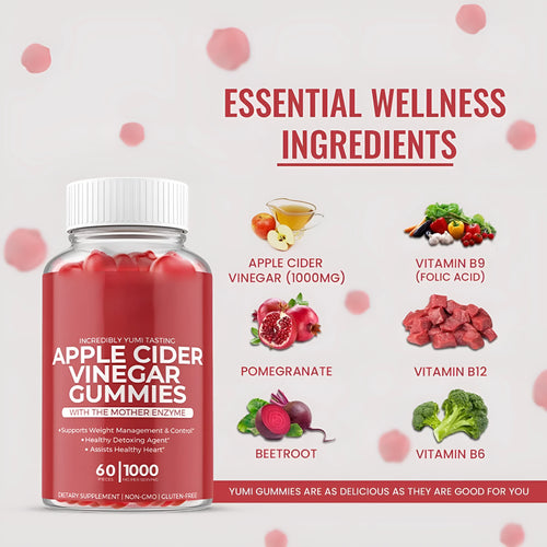Bottle of apple cider vinegar gummy supplements containing 60 tablets for adults.