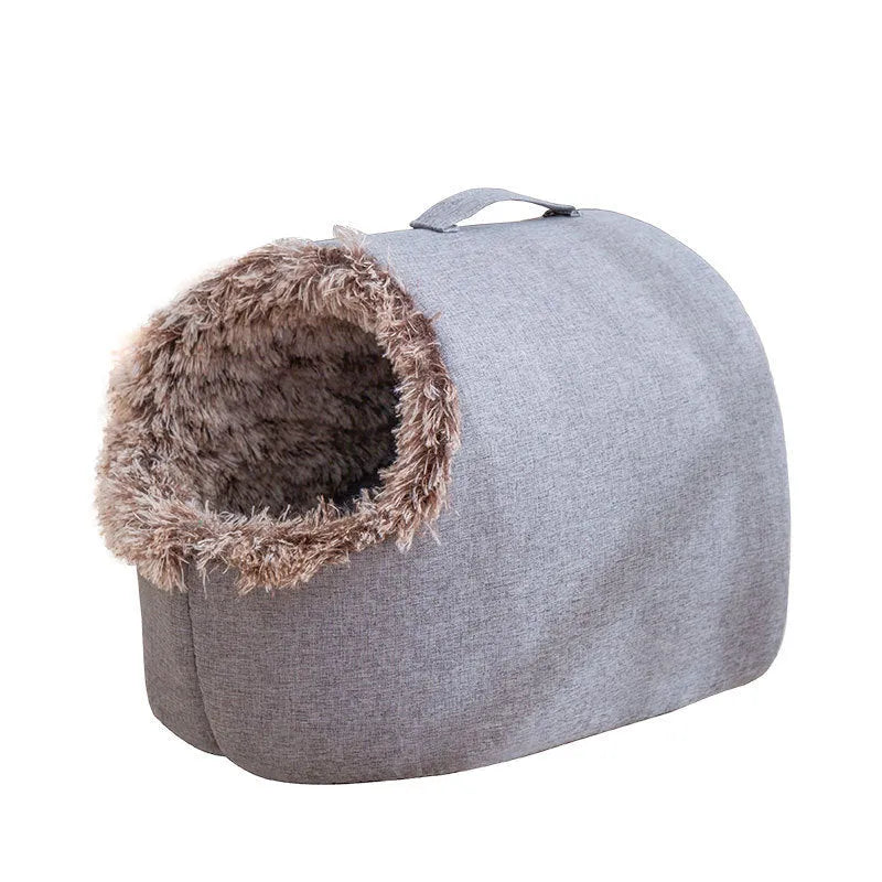 Grey fleece-lined closed cat sleeping bag for winter, shown next to a brown version.