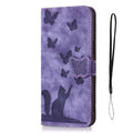 Butterfly cat embossed imitation leather phone case in purple with magnetic bracket for iPhone 14