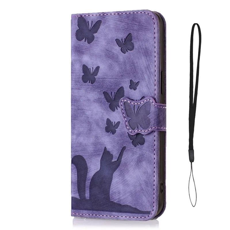 Butterfly cat embossed imitation leather phone case in purple with magnetic bracket for iPhone 14