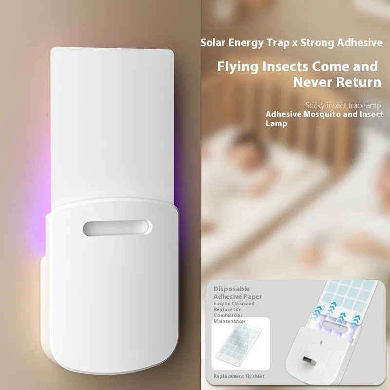 Home UV LED mosquito killer lamp with ABS shell, 80x36x95mm, USB plug-in, and five adhesive boards for indoor insect capture