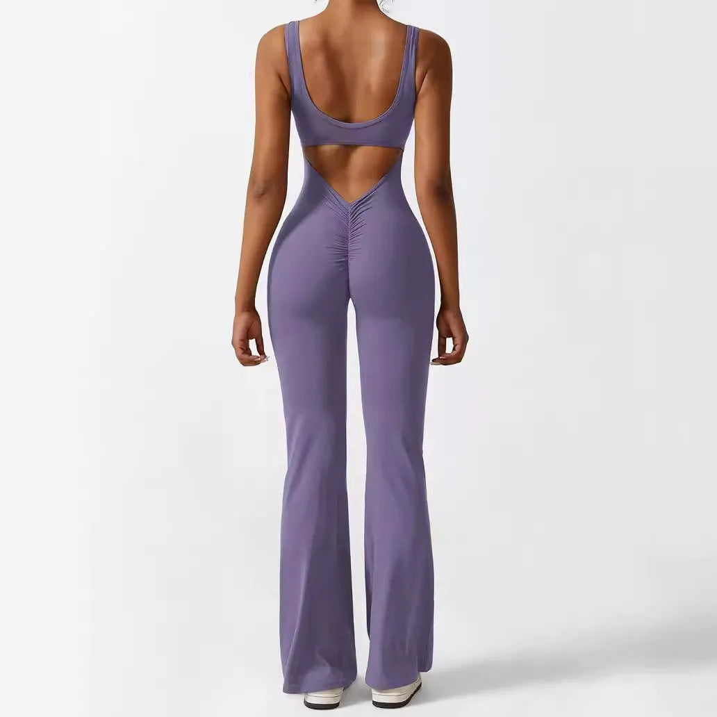 Women's sleeveless flare jumpsuit for yoga fitness in high elasticity polyester fabric