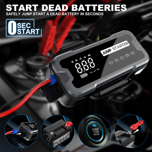 CY53 model black automotive jump starter power bank with built-in air compressor, LCD screen, and LED lights