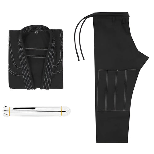 Brazilian Jiu-Jitsu gi uniform top and trousers in cotton blend fabric on a white background.