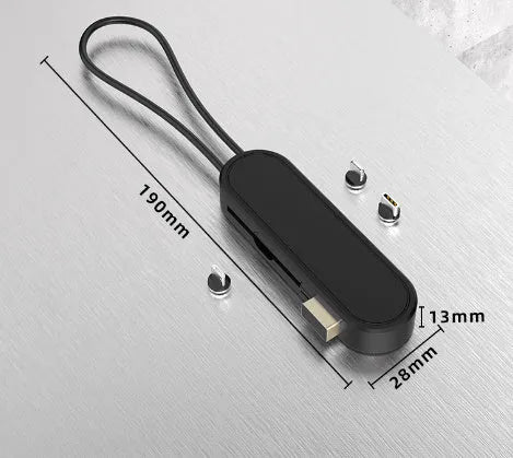 Three-in-one telescopic data cable extended to 0.35m showing Apple, Micro USB and Type-C connectors