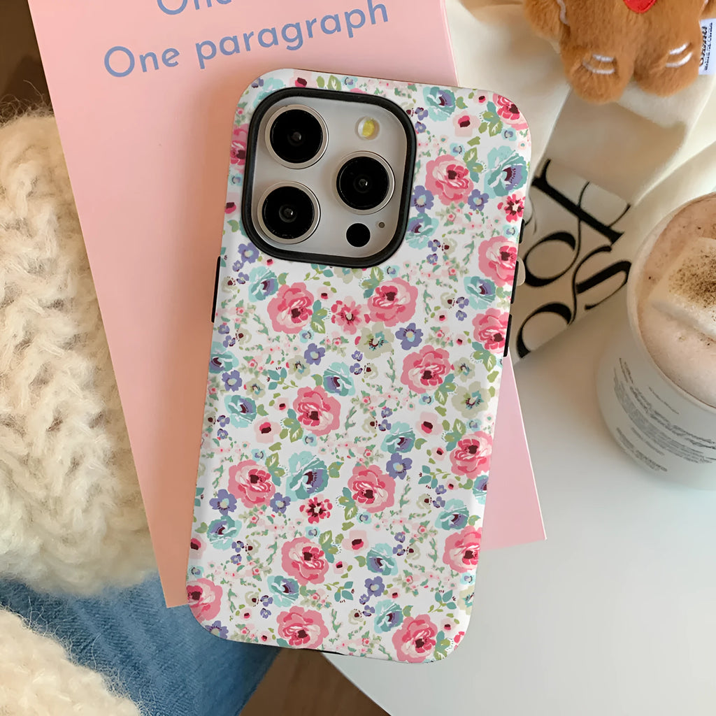 Flower glossy film two-in-one phone case for iPhone with floral oil painting pattern and black back cover