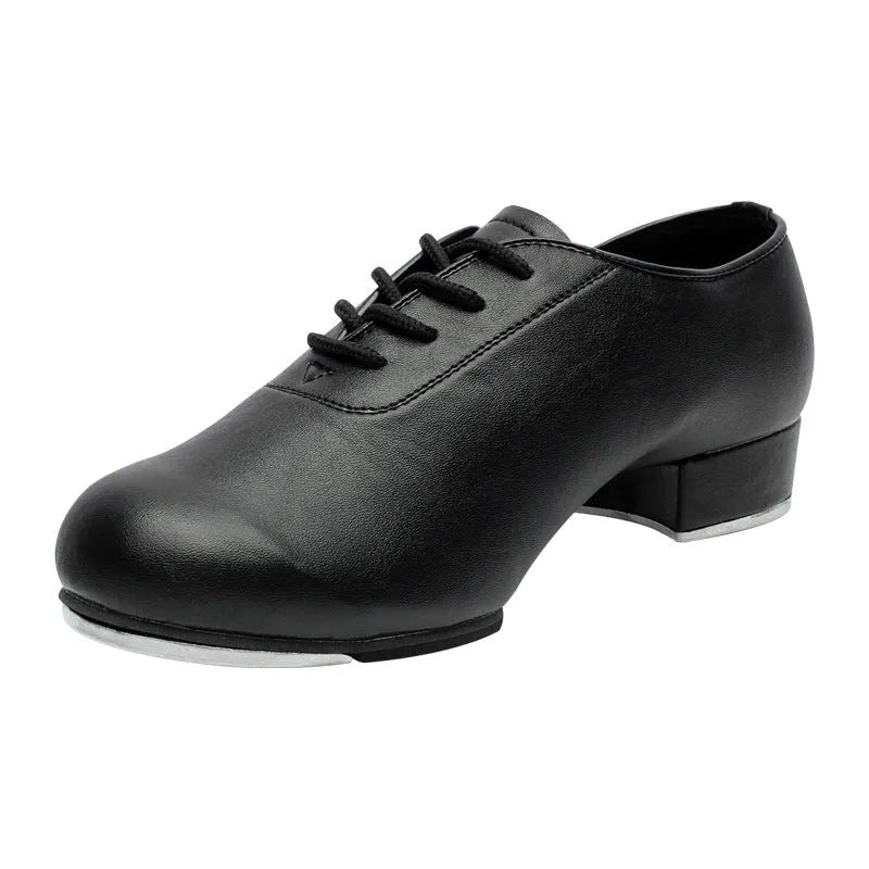 Adult tap dance shoes with leather upper, black men's style, on a plain background.