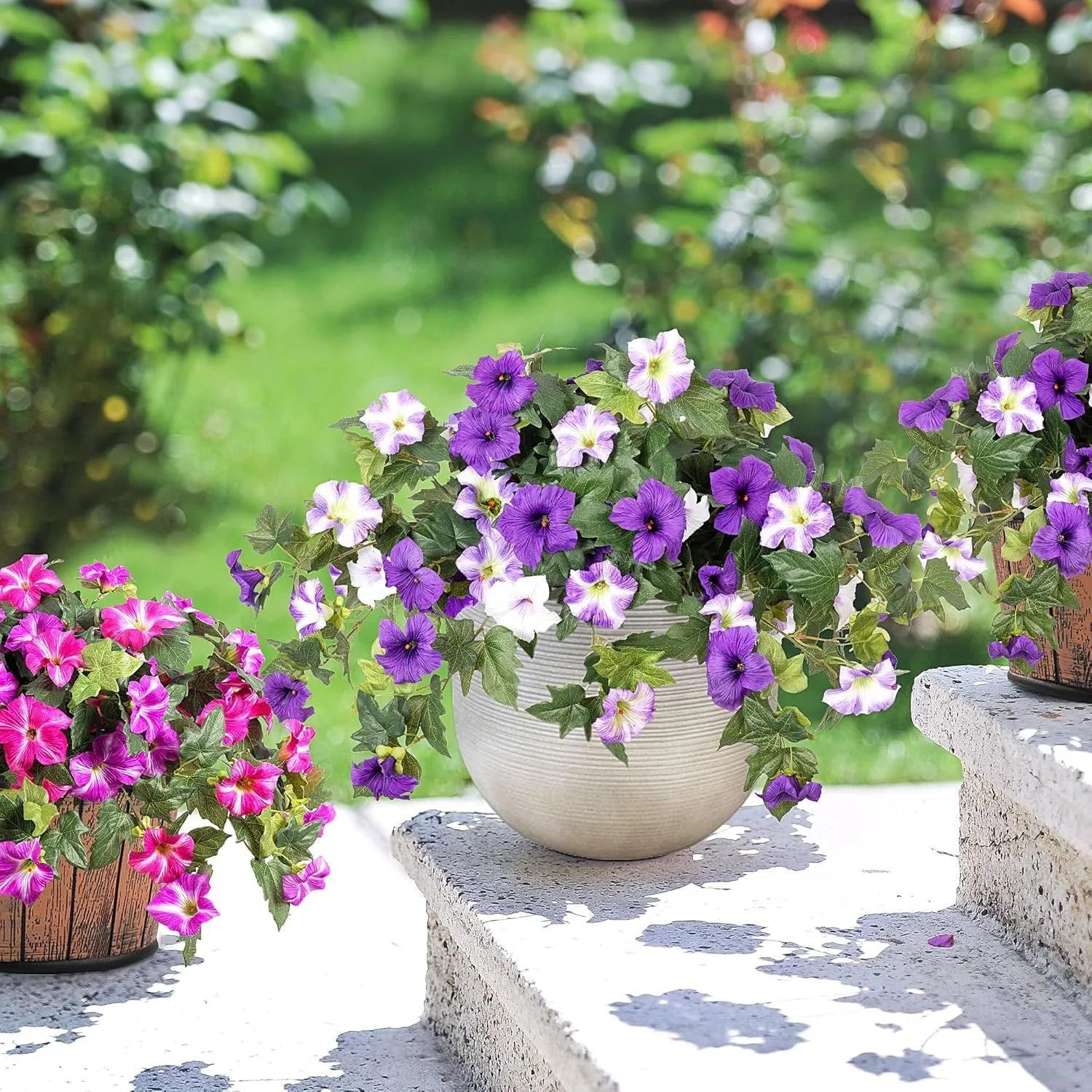 Purple, red, orange, and rose red 12-fork plastic artificial silk flower garden container.