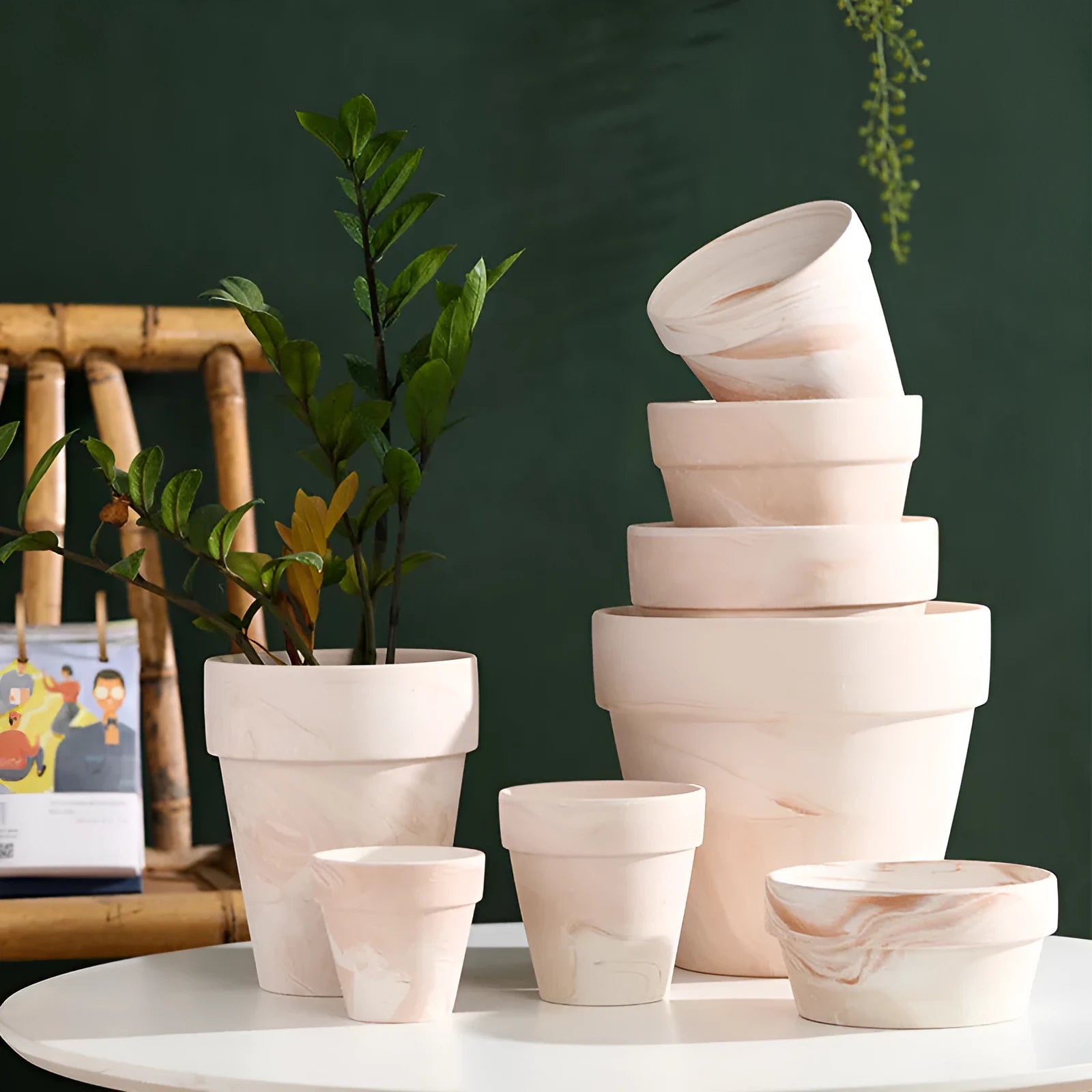 Gradient macchiato red and white pottery flowerpot on desktop with green plant, sizes 10cm to 30cm