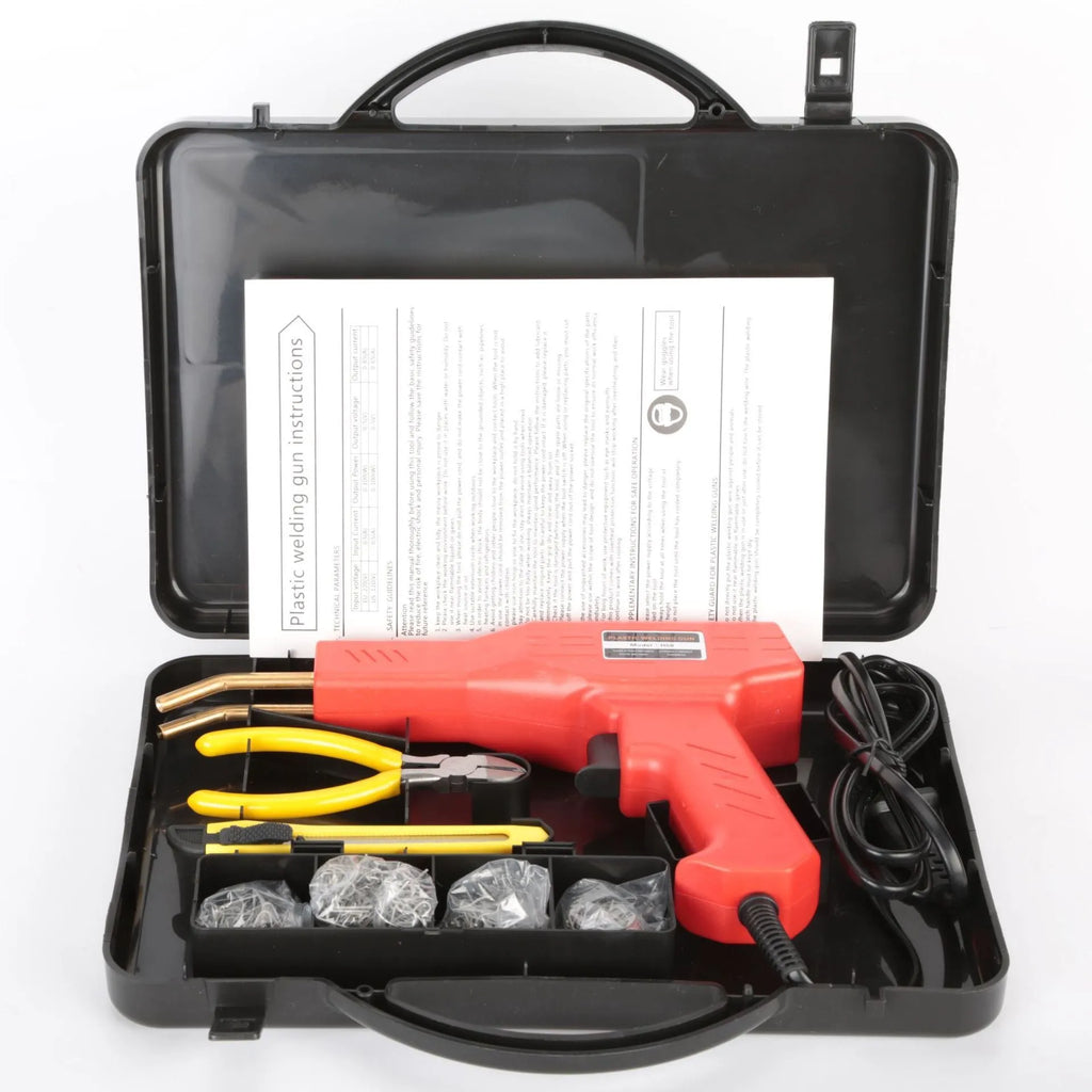Red plastic welding gun with pure copper transformer, 200 nails, and pliers knife in black storage box