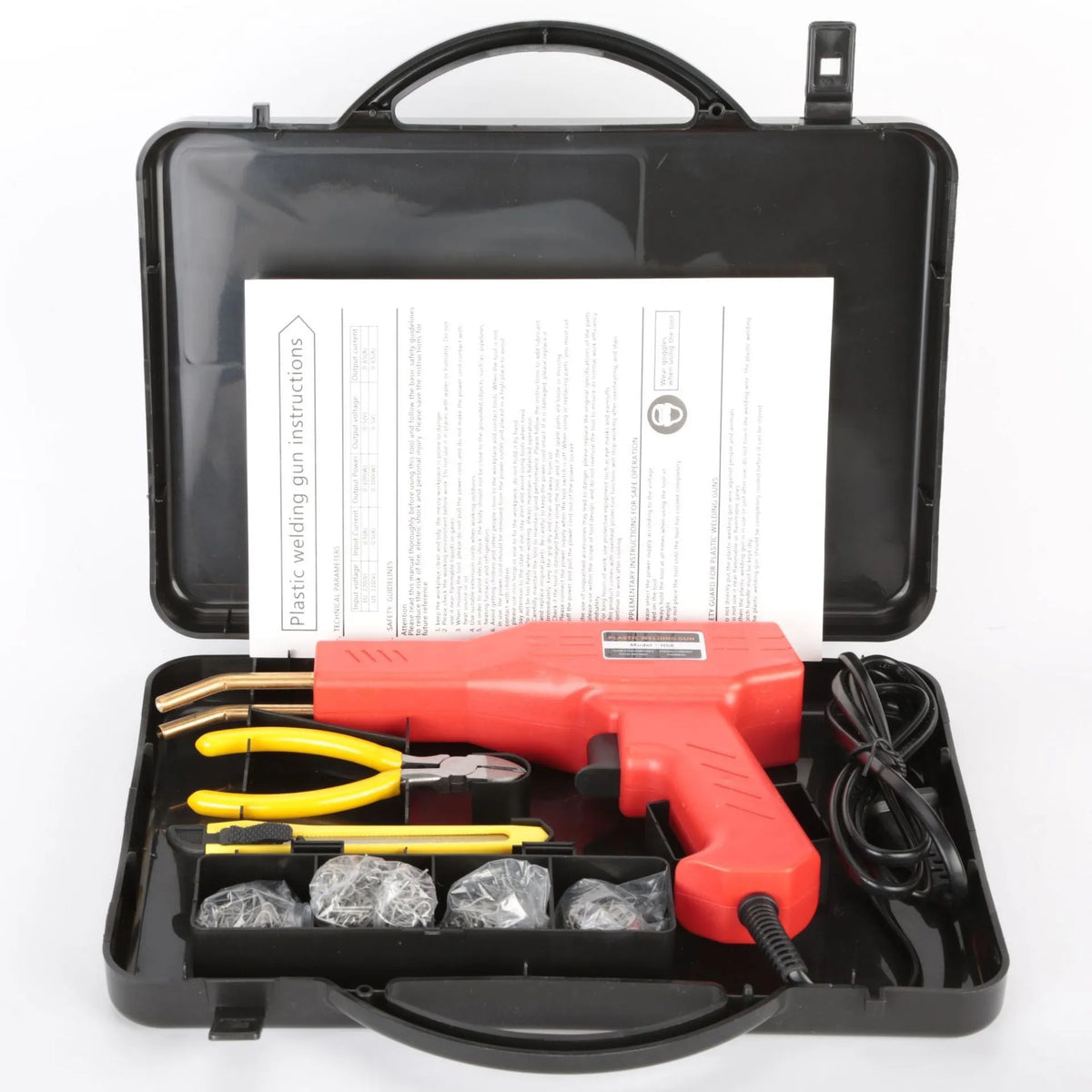 Red plastic welding gun with pure copper transformer, 200 nails, and pliers knife in black storage box
