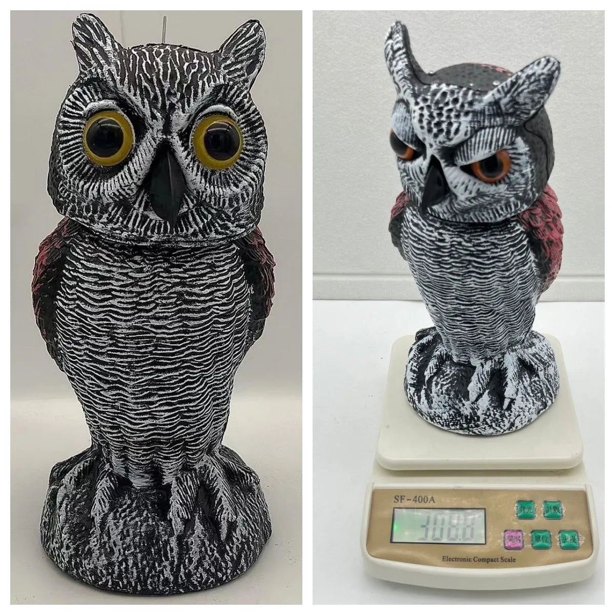 Artificial owl bird deterrent ornament with shaking head design in outdoor garden setting