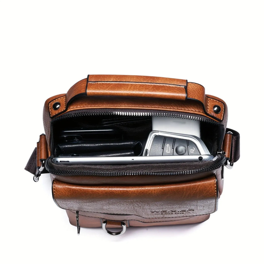 Men's brown PU leather crossbody messenger bag with metal zipper and adjustable strap on a plain background