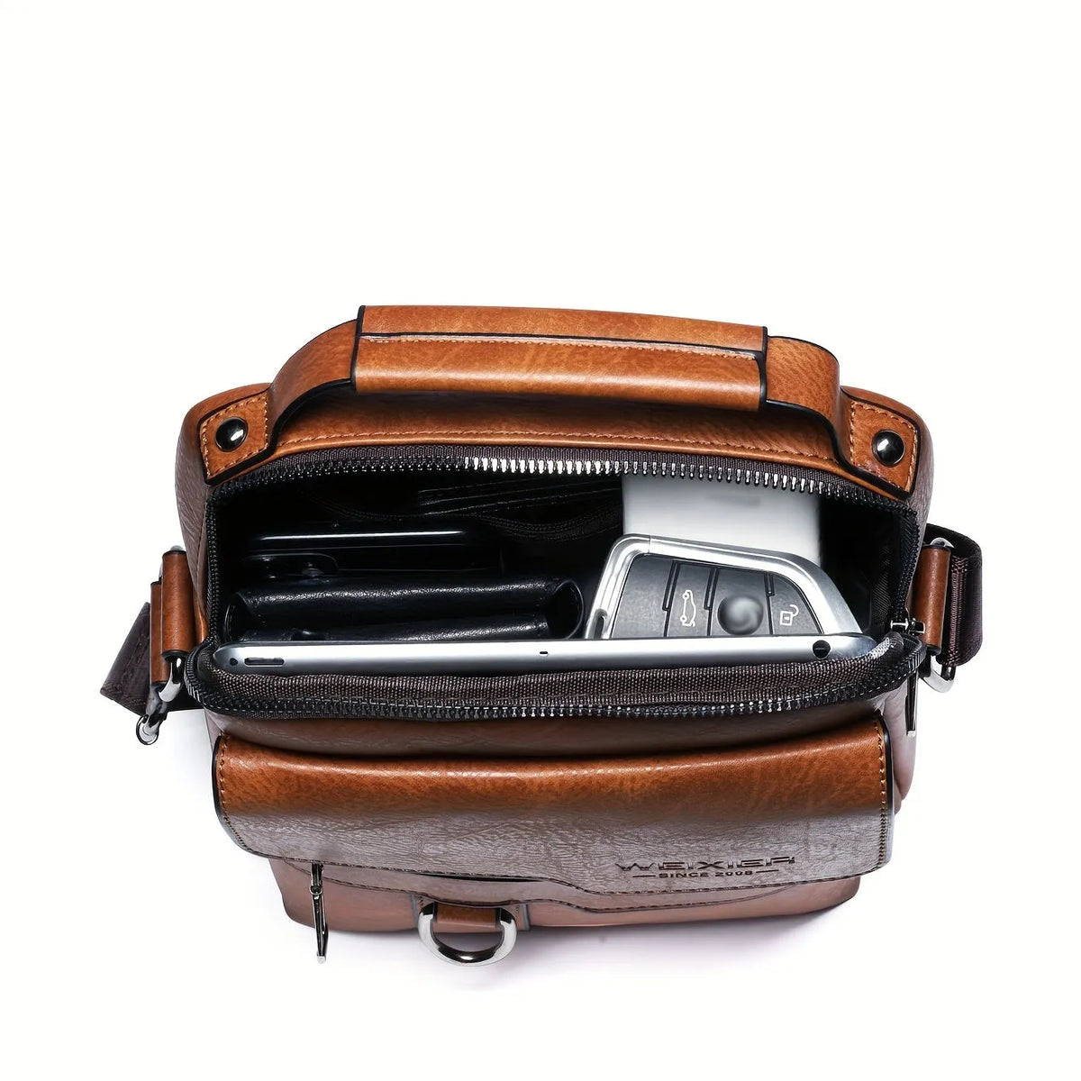 Men's brown PU leather crossbody messenger bag with metal zipper and adjustable strap on a plain background