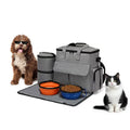 Grey dog travel backpack made of Oxford cloth with removable divider and training bag