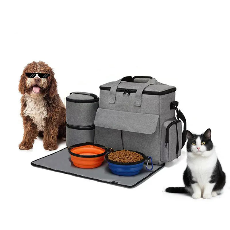 Grey dog travel backpack made of Oxford cloth with removable divider and training bag
