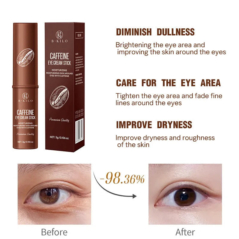 Caffeine eye cream stick applicator for reducing fine lines and dark circles, 3g net content.