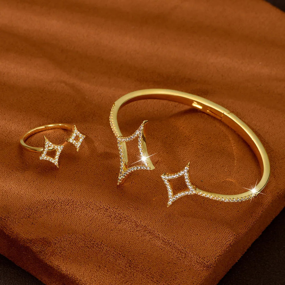 Star shape zirconia bracelet and ring set with copper plated gold and titanium plating