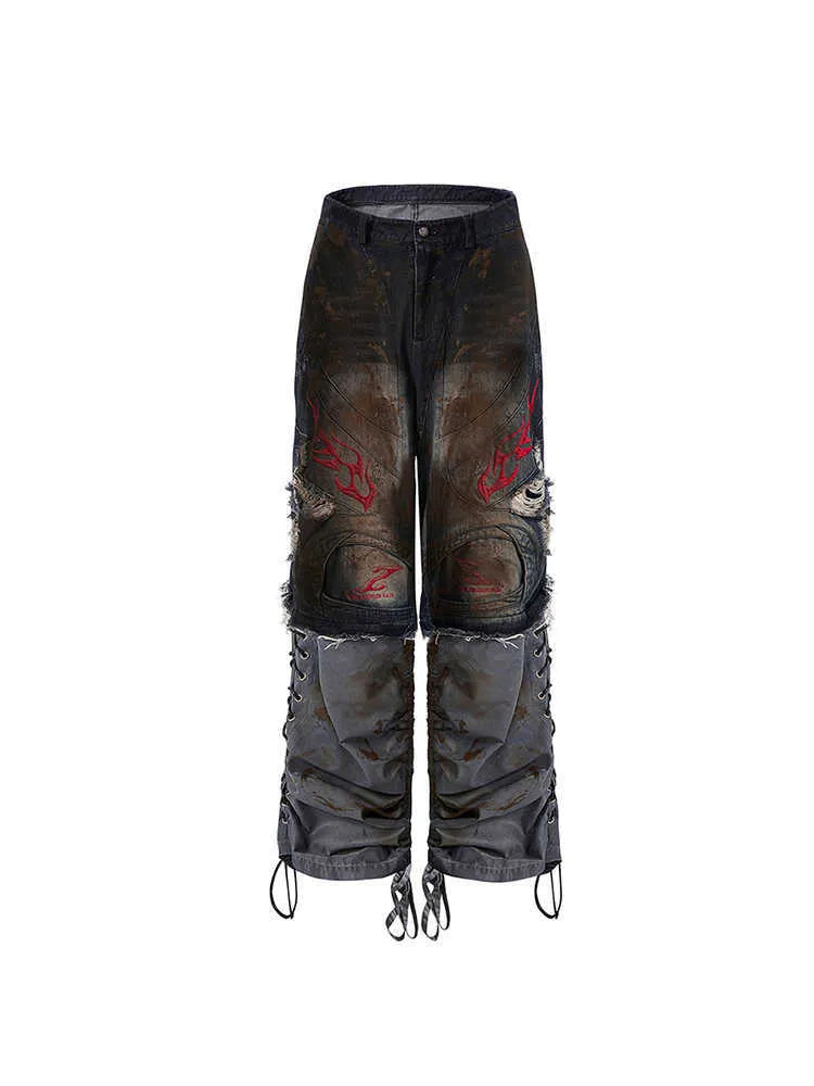 Men's retro jeans with detachable legs showing wide leg design and mid-high waist
